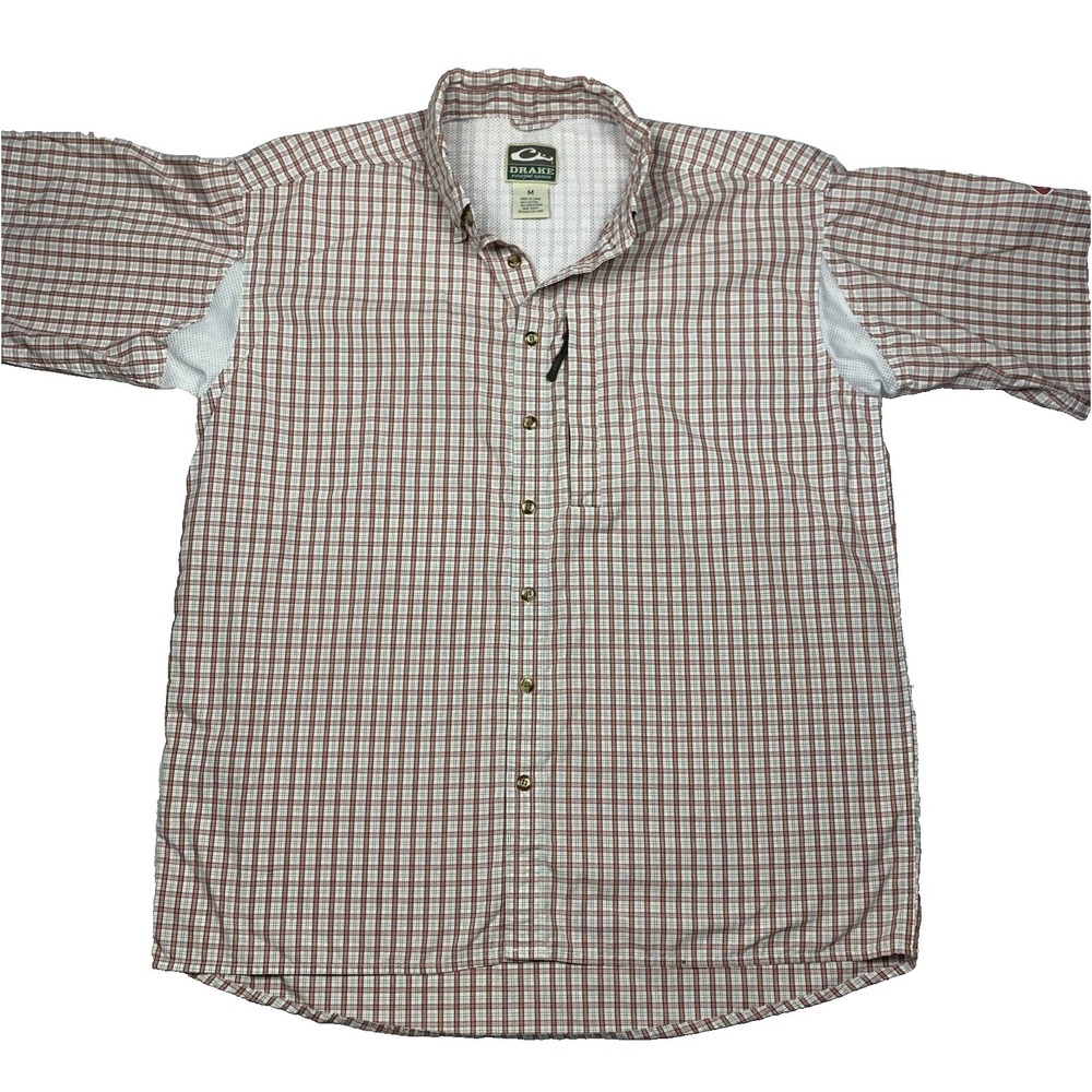 Drake Waterfowl Shirt Mens Medium Red Check Button Down Hunting Fishing